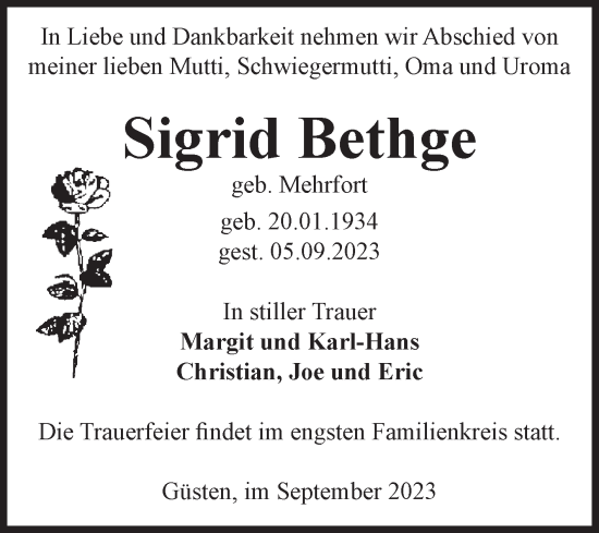 Traueranzeige von Sigrid Bethge von Volksstimme Staßfurt