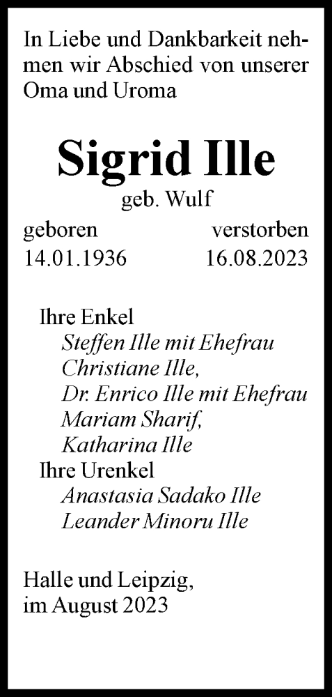 Traueranzeige von Sigrid Ille von Volksstimme Staßfurt