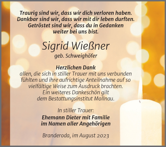 Traueranzeige von Sigrid Wießner von Trauerkombi Merseburg