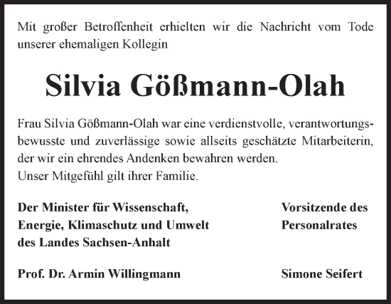 Traueranzeige von Silvia Gößmann-Olah von Volksstimme Magdeburg