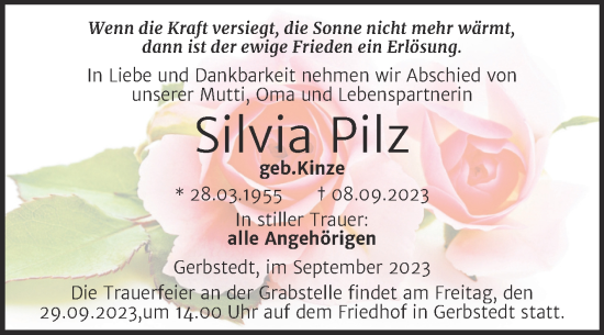 Traueranzeige von Silvia Pilz von Trauerkombi Mansfelder Land