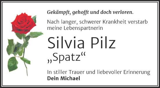 Traueranzeige von Silvia Pilz von Trauerkombi Mansfelder Land