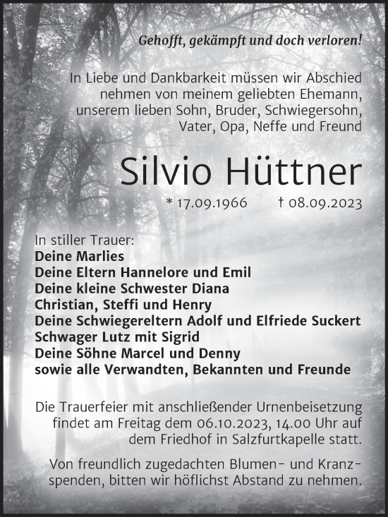 Traueranzeige von Silvio Hüttner von Trauerkombi Bitterfeld