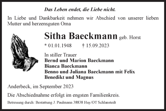 Traueranzeige von Sitha Baeckmann von Volksstimme Halberstadt