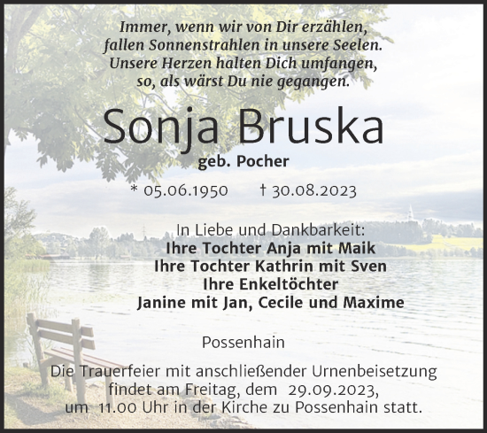 Traueranzeige von Sonja Bruska von Wochenspiegel Naumburg/Nebra