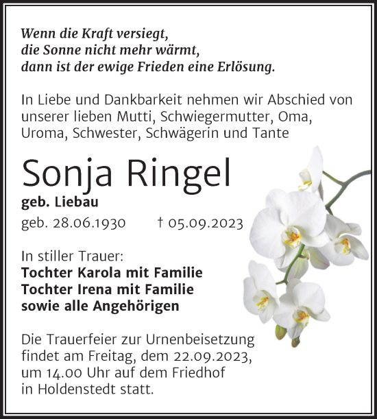 Traueranzeige von Sonja Ringel von Trauerkombi Sangerhausen