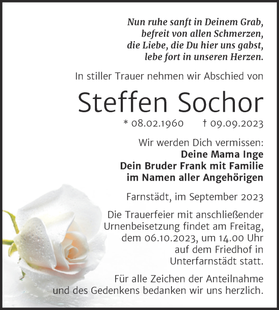 Traueranzeige von Steffen Sochor von Trauerkombi Merseburg