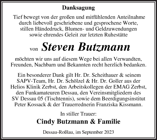 Traueranzeige von Steven Butzmann von Trauerkombi Dessau