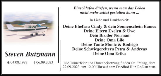 Traueranzeige von Steven Butzmann von Volksstimme Zerbst