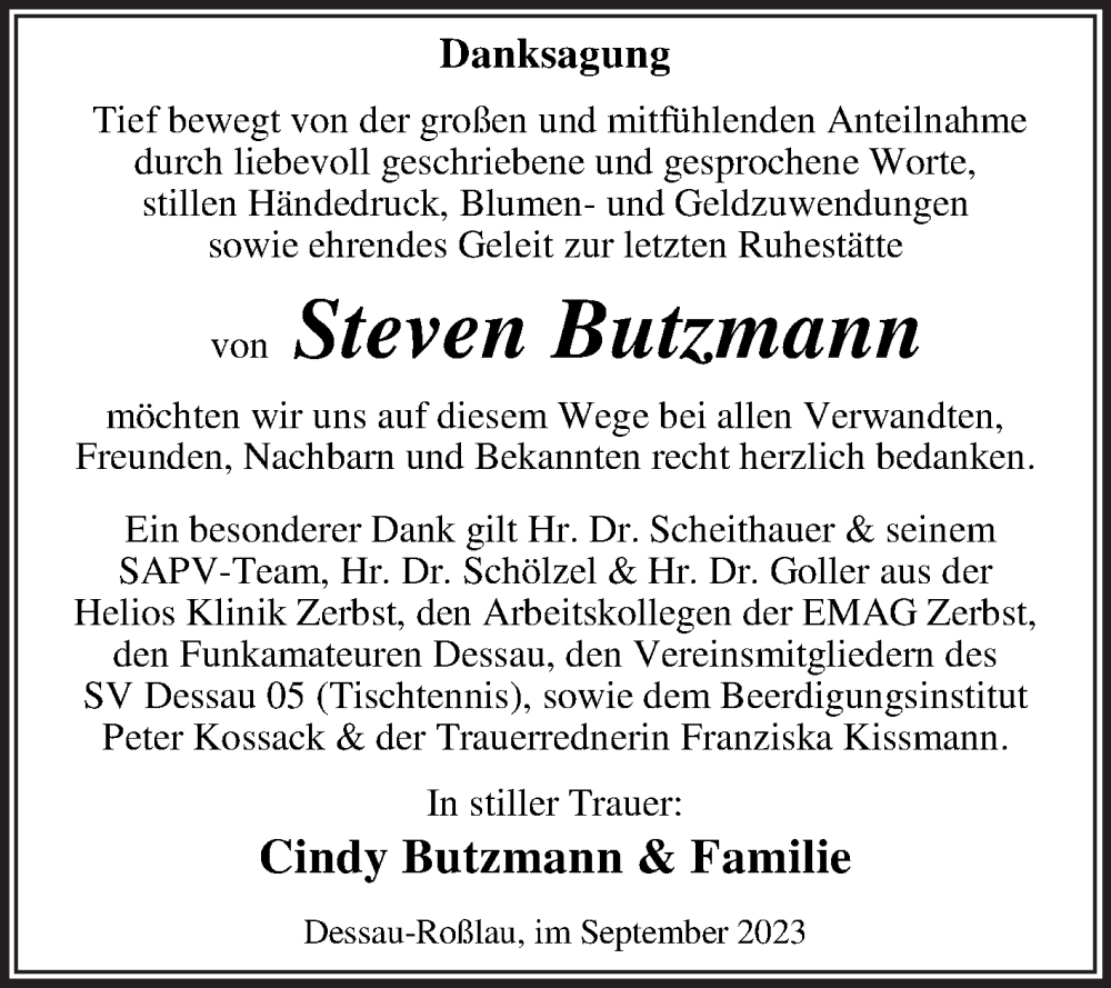  Traueranzeige für Steven Butzmann vom 30.09.2023 aus Trauerkombi Dessau