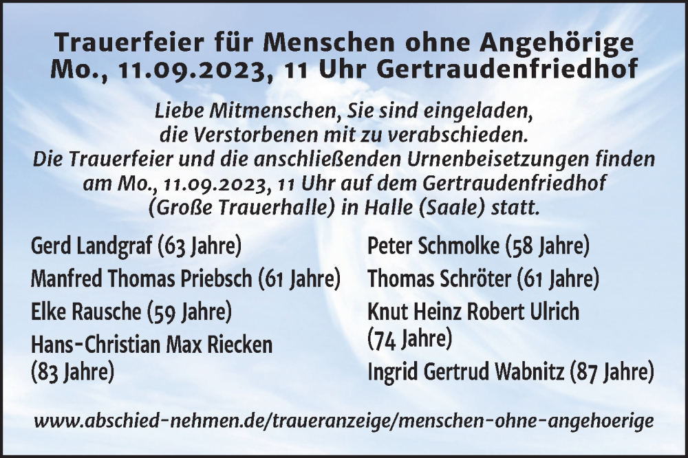  Traueranzeige für Menschen ohne Angehörige  vom 09.09.2023 aus Mitteldeutsche Zeitung Halle/Saalkreis