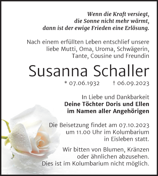 Traueranzeige von Susanna Schaller von Trauerkombi Mansfelder Land