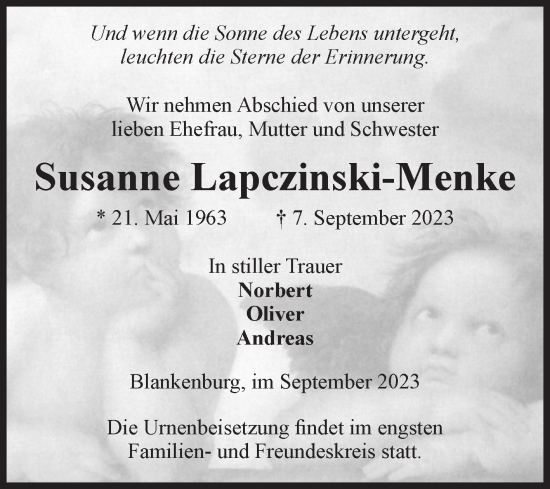 Traueranzeige von Susanne Lapczinski-Menke von Volksstimme Wernigerode