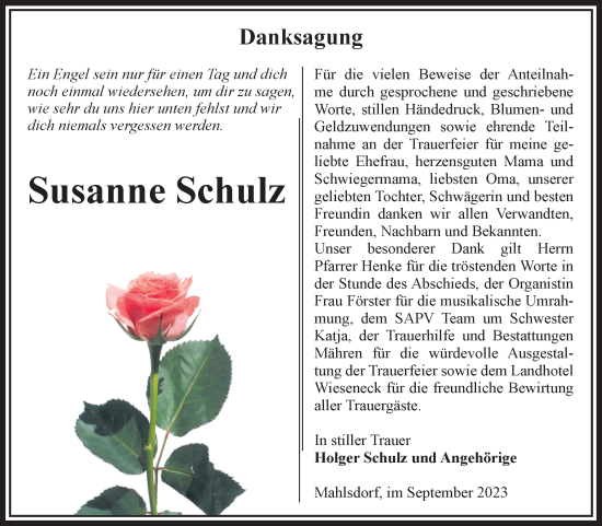 Traueranzeige von Susanne Schulz von Volksstimme Altmark West