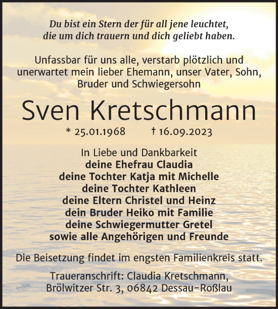 Traueranzeige von Sven Kretschmann von Trauerkombi Dessau