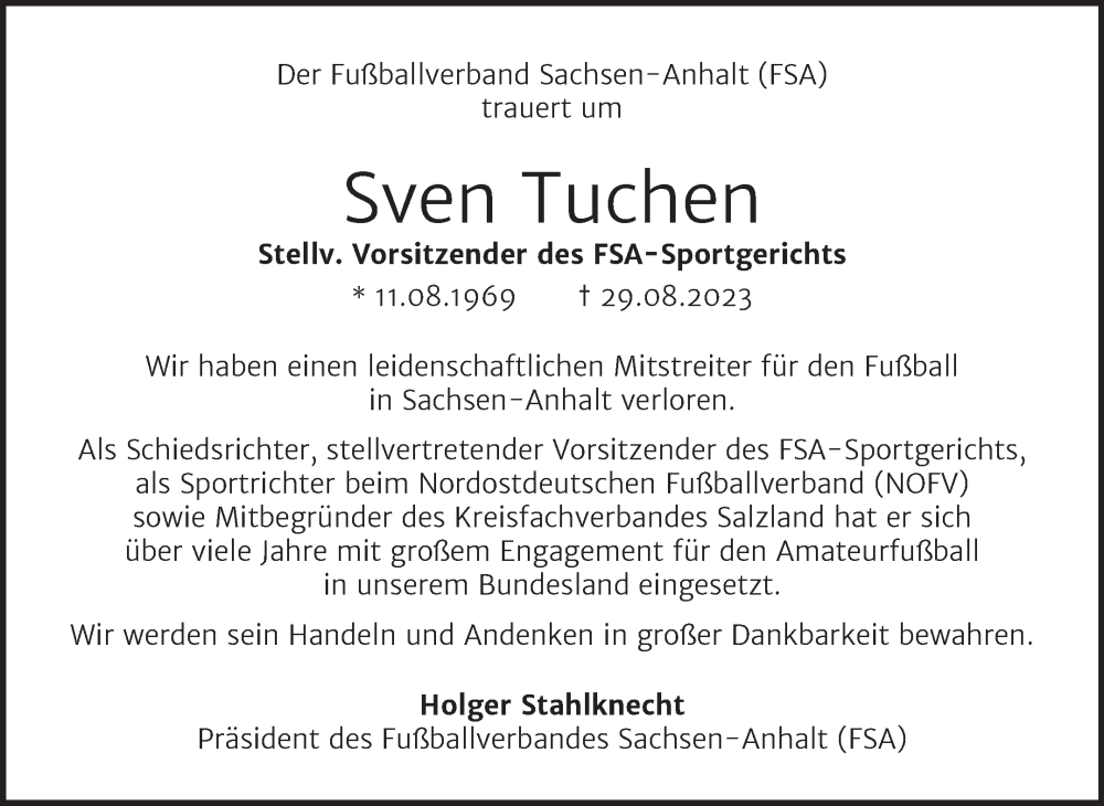  Traueranzeige für Sven Tuchen vom 09.09.2023 aus Mitteldeutsche Zeitung Aschersleben