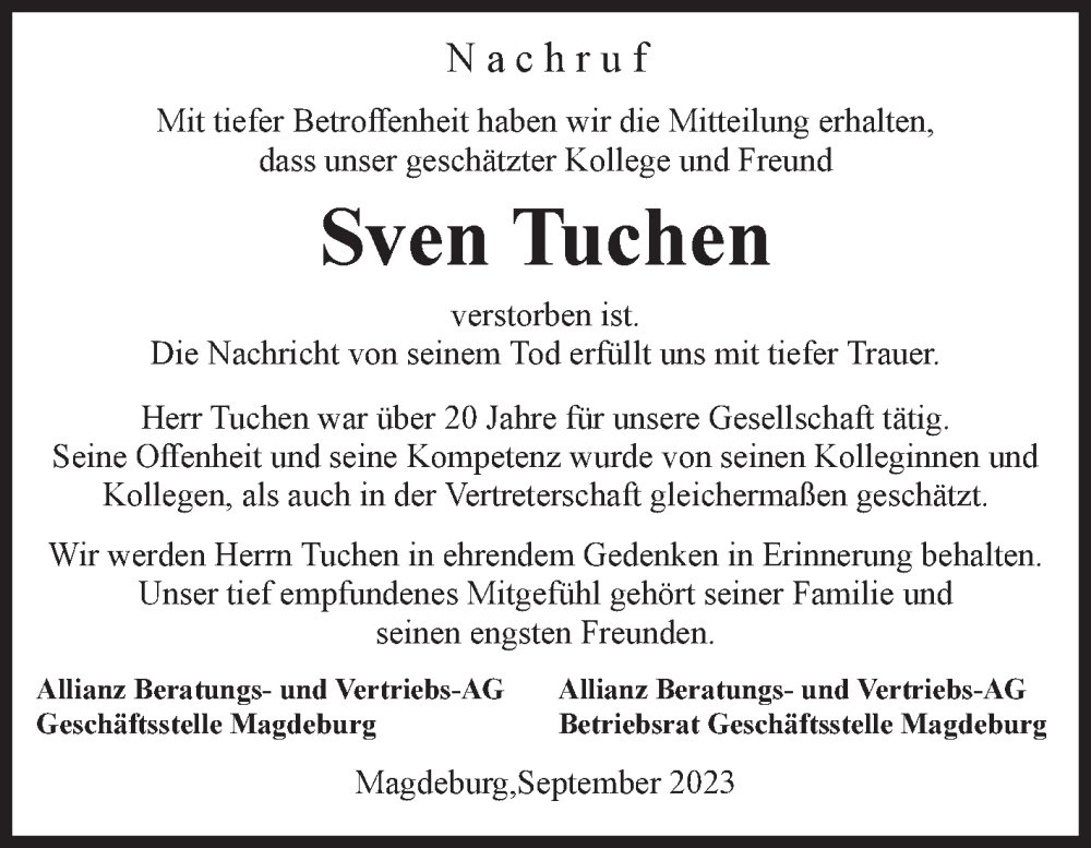  Traueranzeige für Sven Tuchen vom 16.09.2023 aus Volksstimme Schönebeck