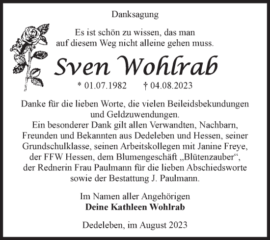 Traueranzeige von Sven Wohlrab von Volksstimme Halberstadt