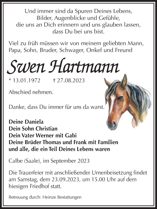 Traueranzeige von Swen Hartmann von Volksstimme Schönebeck