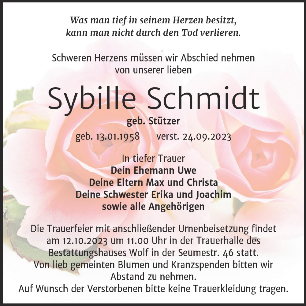  Traueranzeige für Sybille Schmidt vom 30.09.2023 aus Trauerkombi Weißenfels