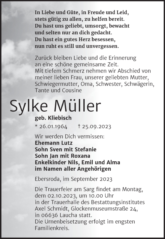 Traueranzeige von Sylke Müller von Naumburger Tageblatt