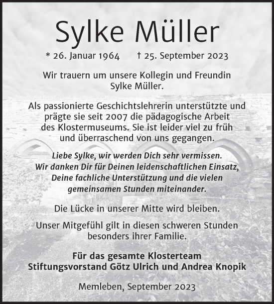 Traueranzeige von Sylke Müller von Naumburger Tageblatt