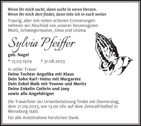 Traueranzeige von Sylvia Pfeiffer von Trauerkombi Merseburg