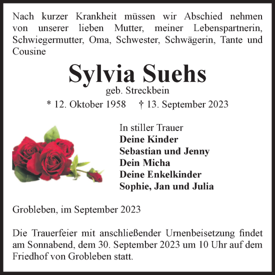 Traueranzeige von Sylvia Suehs von Volksstimme Altmark Ost