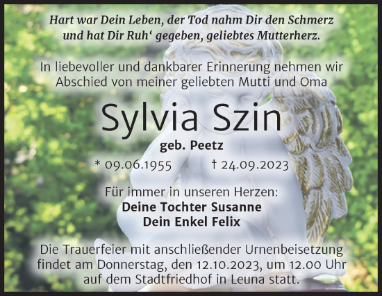 Traueranzeige von Sylvia Szin von Trauerkombi Merseburg