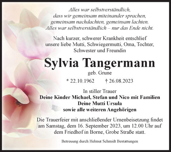 Traueranzeige von Sylvia Tangermann von Volksstimme Staßfurt