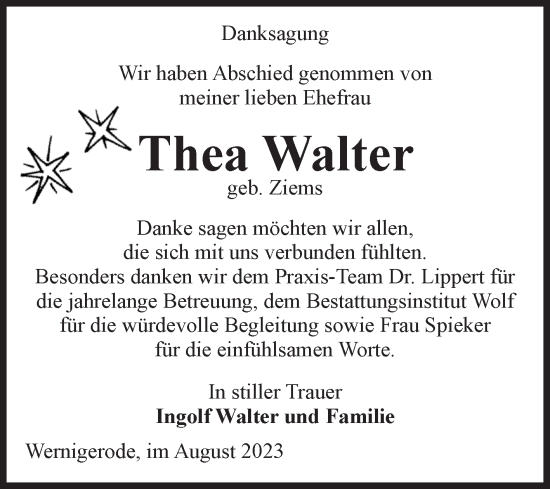 Traueranzeige von Thea Walter von Volksstimme Wernigerode