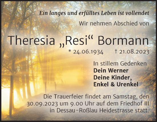 Traueranzeige von Theresia  Bormann von Trauerkombi Dessau
