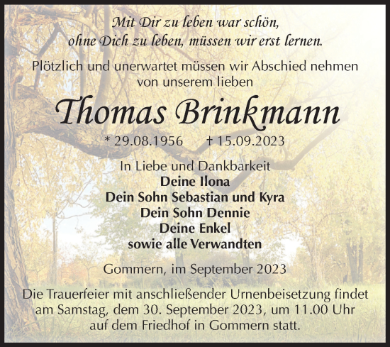 Traueranzeige von Thomas Brinkmann von Volksstimme Magdeburg