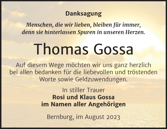 Traueranzeige von Thomas Gossa von Trauerkombi Bernburg