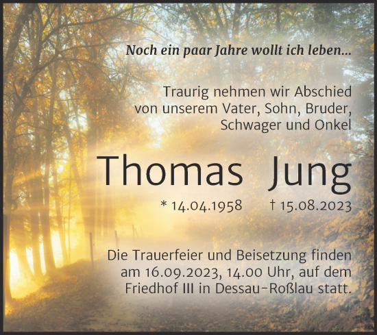 Traueranzeige von Thomas Jung von Trauerkombi Dessau