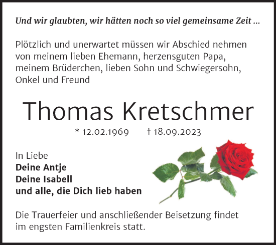 Traueranzeige von Thomas Kretschmer von Trauerkombi Dessau