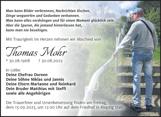 Traueranzeige von Thomas Mohr von Trauerkombi Köthen