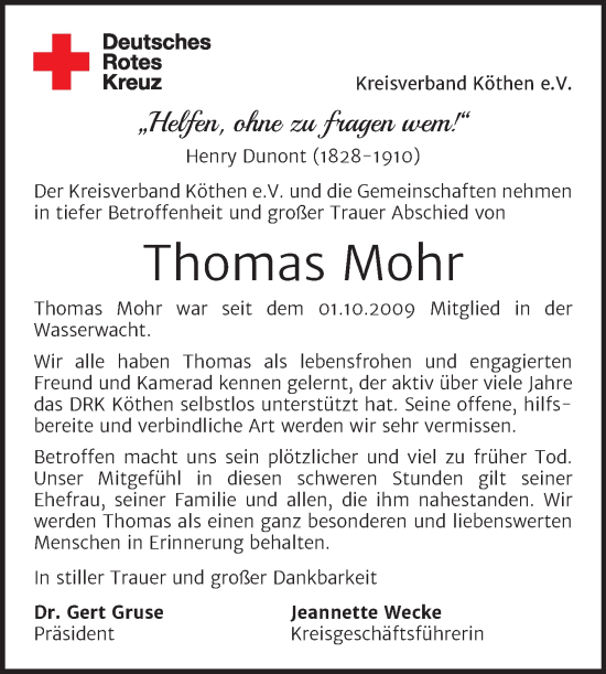 Traueranzeige von Thomas Mohr von Super Sonntag Köthen