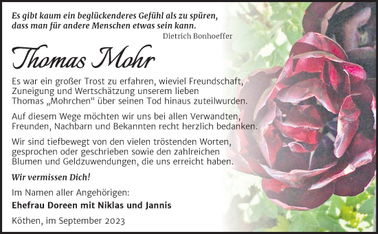 Traueranzeige von Thomas Mohr von Trauerkombi Köthen