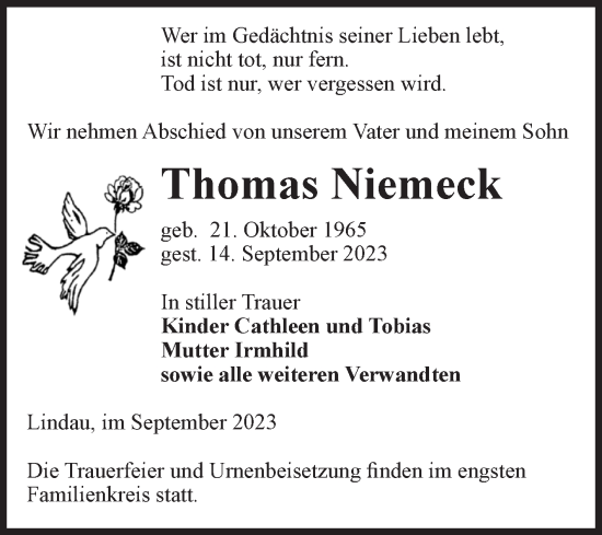 Traueranzeige von Thomas Niemeck von Volksstimme Zerbst