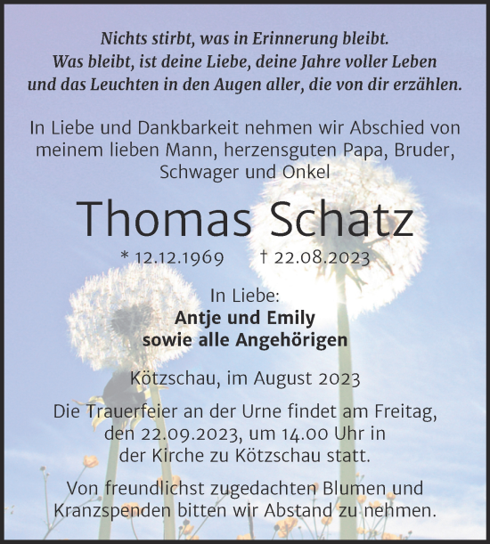 Traueranzeige von Thomas Schatz von Trauerkombi Merseburg