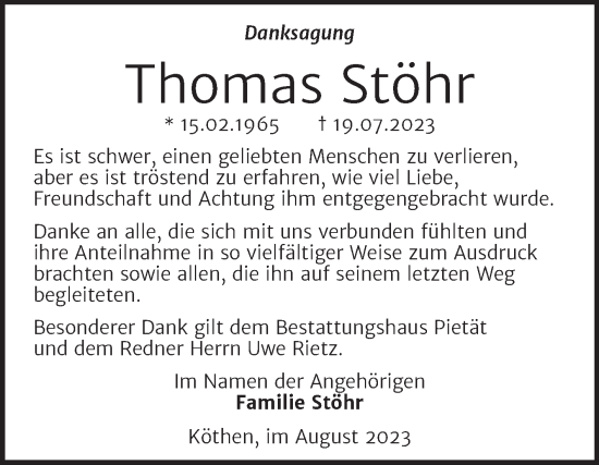 Traueranzeige von Thomas Stöhr von Trauerkombi Bernburg