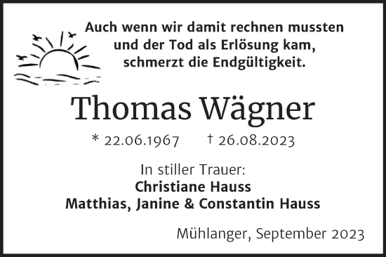 Traueranzeige von Thomas Wägner von Trauerkombi Wittenberg