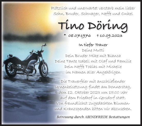 Traueranzeige von Tino Döring von Volksstimme Haldensleben/Wolmirstedt