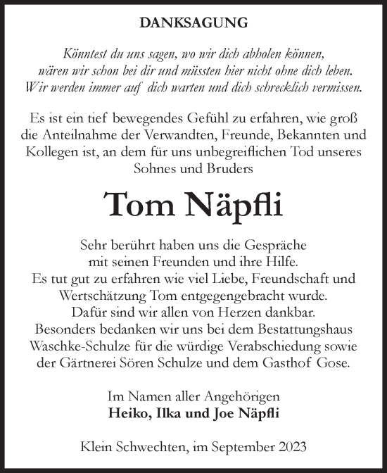 Traueranzeige von Tom Näpfli von Volksstimme Altmark Ost