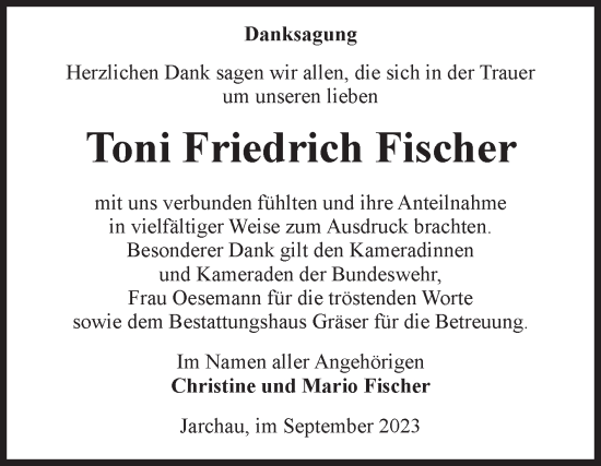 Traueranzeige von Toni Friedrich Fischer von Volksstimme Altmark Ost