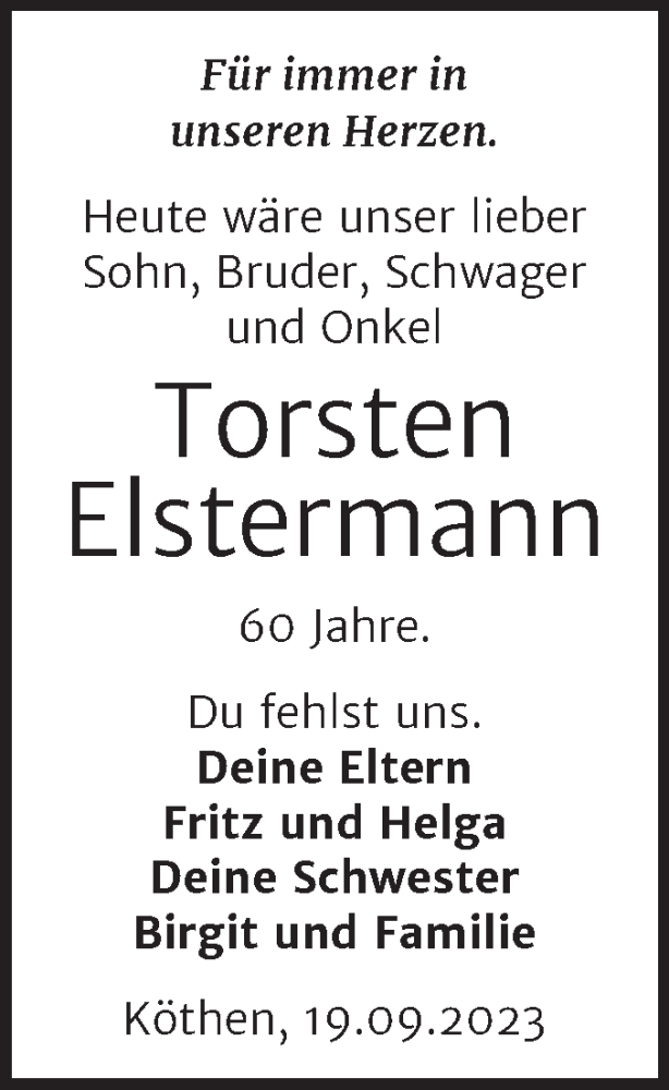  Traueranzeige für Torsten Elstermann vom 19.09.2023 aus Mitteldeutsche Zeitung Köthen