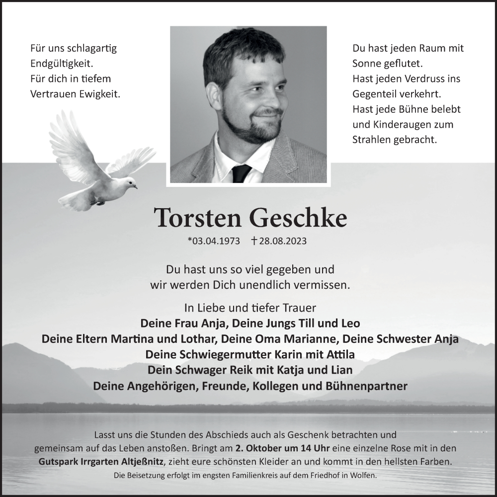  Traueranzeige für Torsten Geschke vom 09.09.2023 aus Trauerkombi Bitterfeld