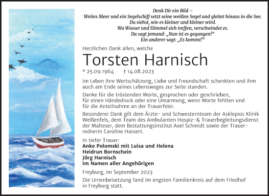 Traueranzeige von Torsten Harnisch von Wochenspiegel Naumburg/Nebra