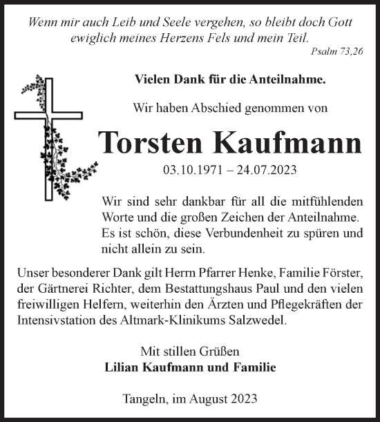 Traueranzeige von Torsten Kaufmann von Volksstimme Altmark West